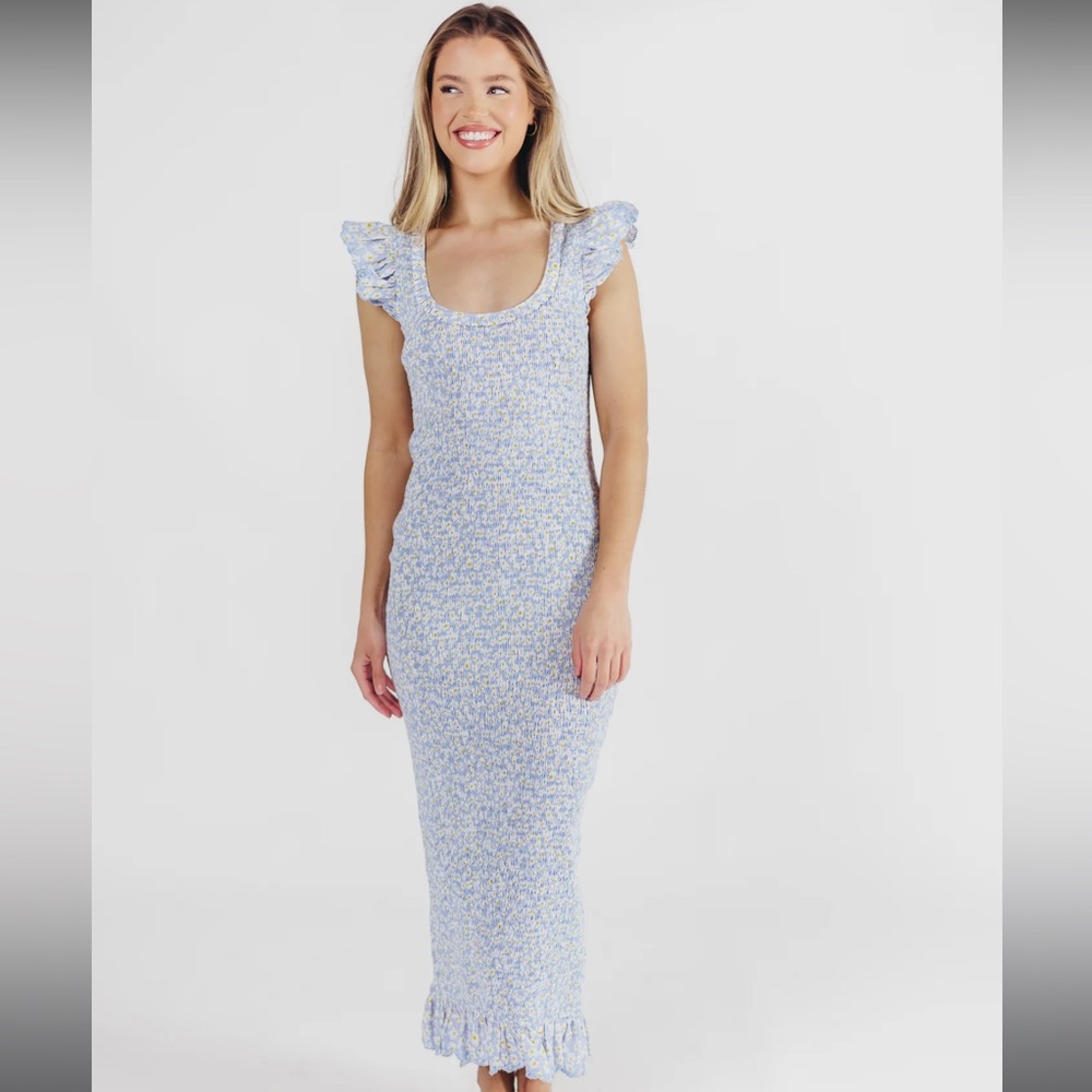 Worth Collective Sarah Smocked Midi Dress with Ruffled Eyelet Trim in Light Blue